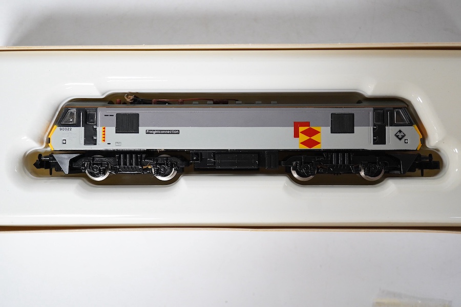 Three boxed Graham Farish N gauge railway Class 90 electric locomotives; BR 90022 Freight connection (8828), Virgin 90013 The Law Society (882A) and Rail Express 90019 Penny Black (8825). Condition - good.